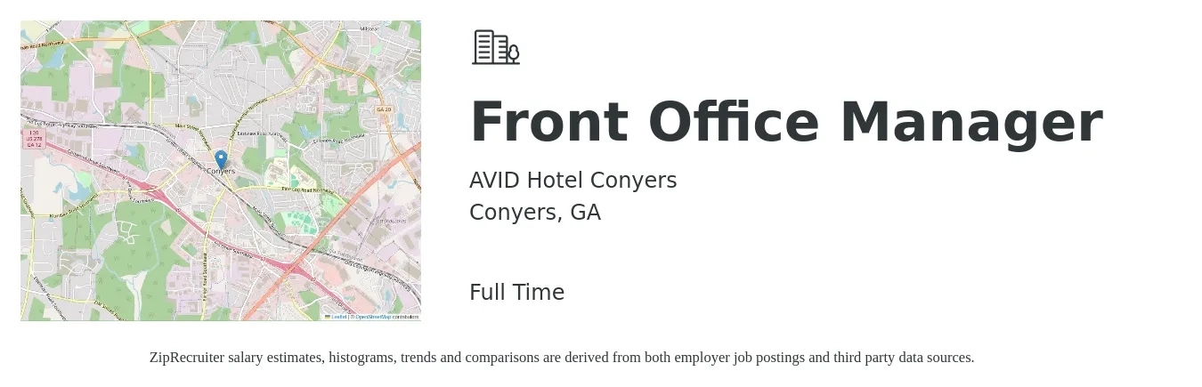 AVID Hotel Conyers job posting for a Front Office Manager in Conyers, GA with a salary of $17 to $25 Hourly with a map of Conyers location.