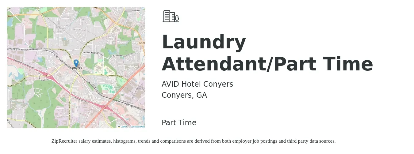AVID Hotel Conyers job posting for a Laundry Attendant/Part Time in Conyers, GA with a salary of $12 to $14 Hourly with a map of Conyers location.