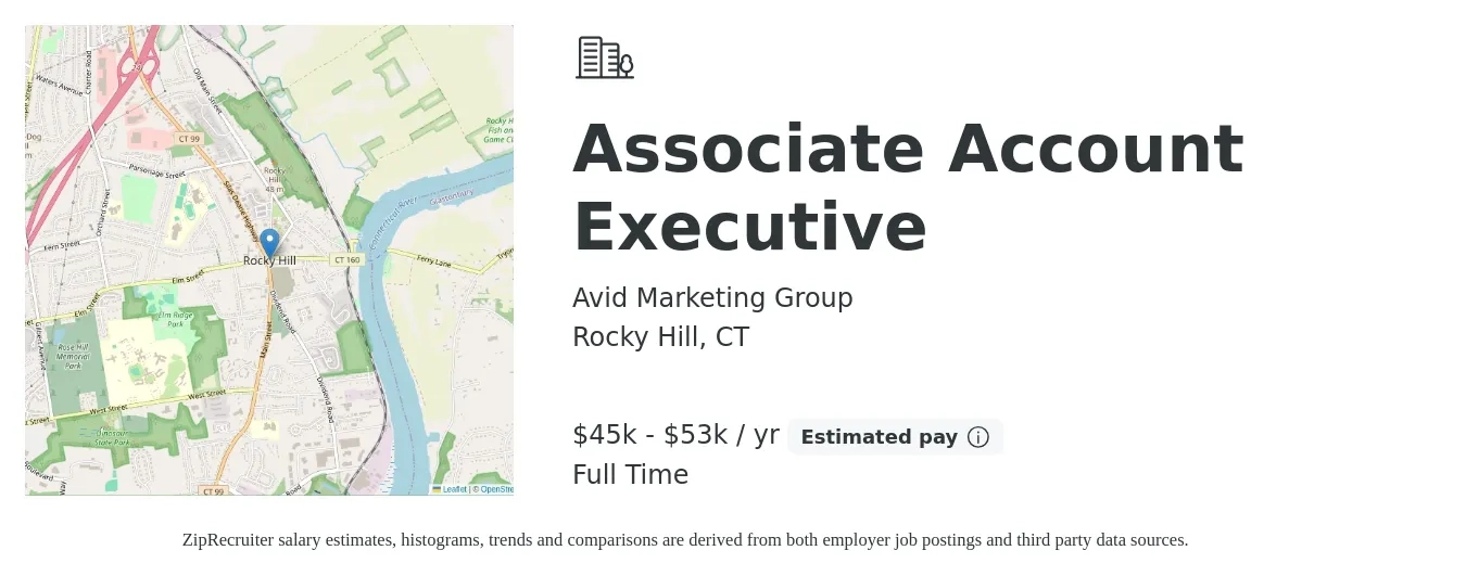 Avid Marketing Group job posting for a Associate Account Executive in Rocky Hill, CT with a salary of $45,000 to $53,000 Yearly with a map of Rocky Hill location.