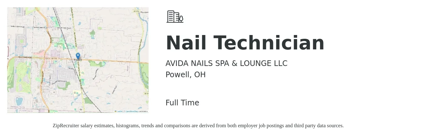 AVIDA NAILS SPA & LOUNGE LLC job posting for a Nail Technician in Powell, OH with a salary of $15 to $24 Hourly with a map of Powell location.