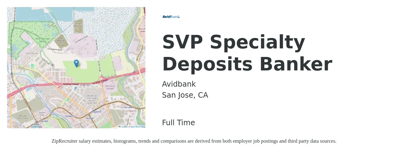 Avidbank job posting for a SVP Specialty Deposits Banker in San Jose, CA with a salary of $180,000 to $210,000 Yearly with a map of San Jose location.