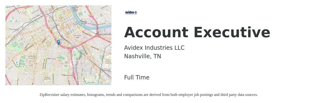 Avidex Industries LLC job posting for a Account Executive in Nashville, TN with a salary of $52,200 to $91,800 Yearly with a map of Nashville location.