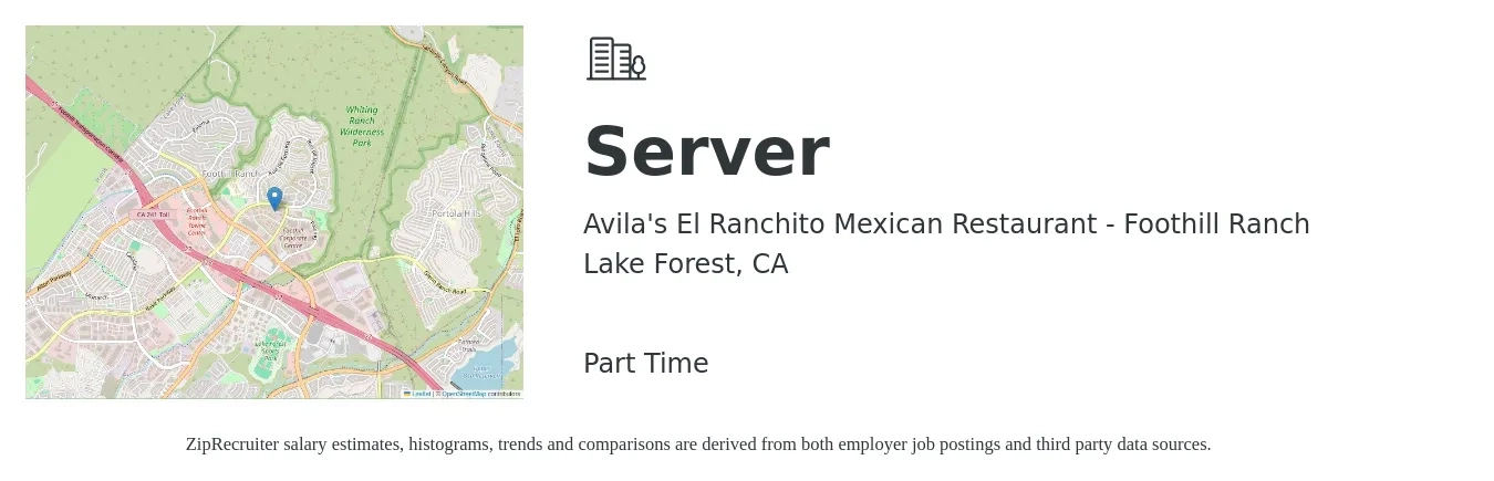 Avila's El Ranchito Mexican Restaurant - Foothill Ranch job posting for a Server in Lake Forest, CA with a salary of $16 to $18 Hourly with a map of Lake Forest location.