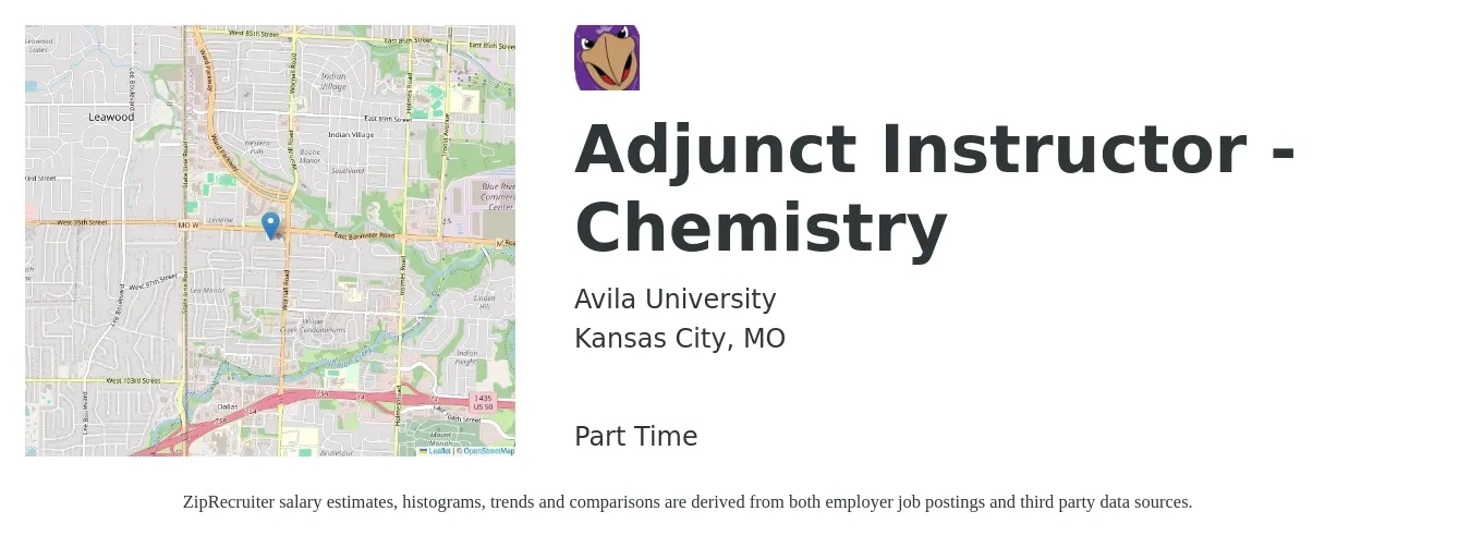 Avila University job posting for a Adjunct Instructor - Chemistry in Kansas City, MO with a salary of $28 to $51 Hourly with a map of Kansas City location.