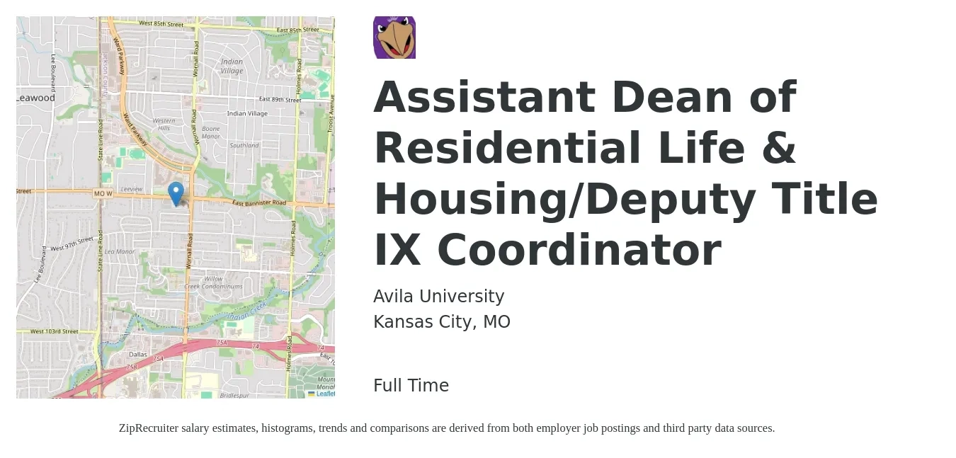 Avila University job posting for a Assistant Dean of Residential Life & Housing/Deputy Title IX Coordinator in Kansas City, MO with a salary of $37,200 to $46,400 Yearly with a map of Kansas City location.