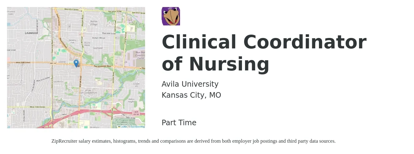 Avila University job posting for a Clinical Coordinator of Nursing in Kansas City, MO with a salary of $1,460 to $2,150 Weekly with a map of Kansas City location.