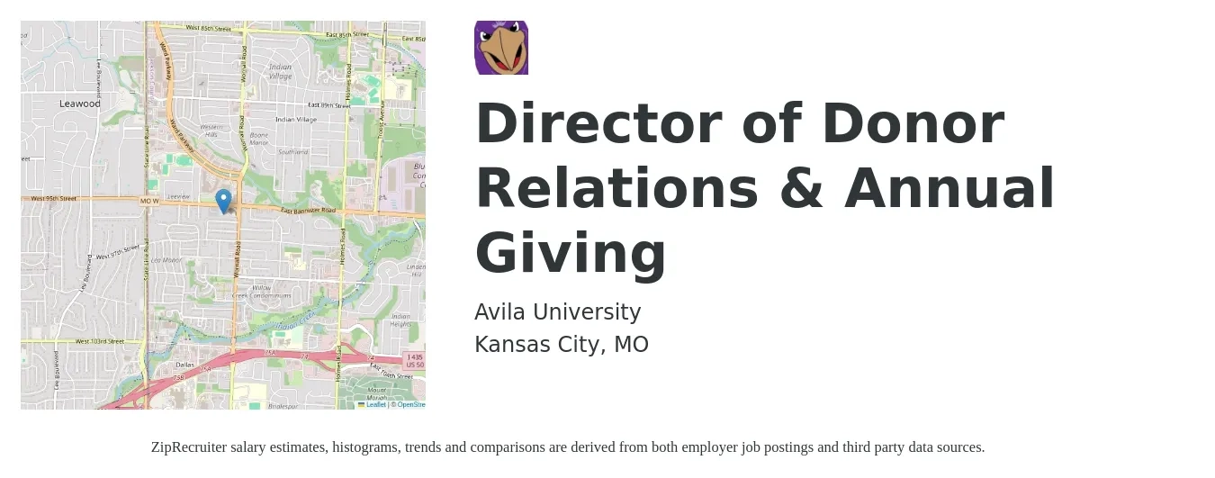 Avila University job posting for a Director of Donor Relations & Annual Giving in Kansas City, MO with a salary of $58,500 to $87,700 Yearly with a map of Kansas City location.