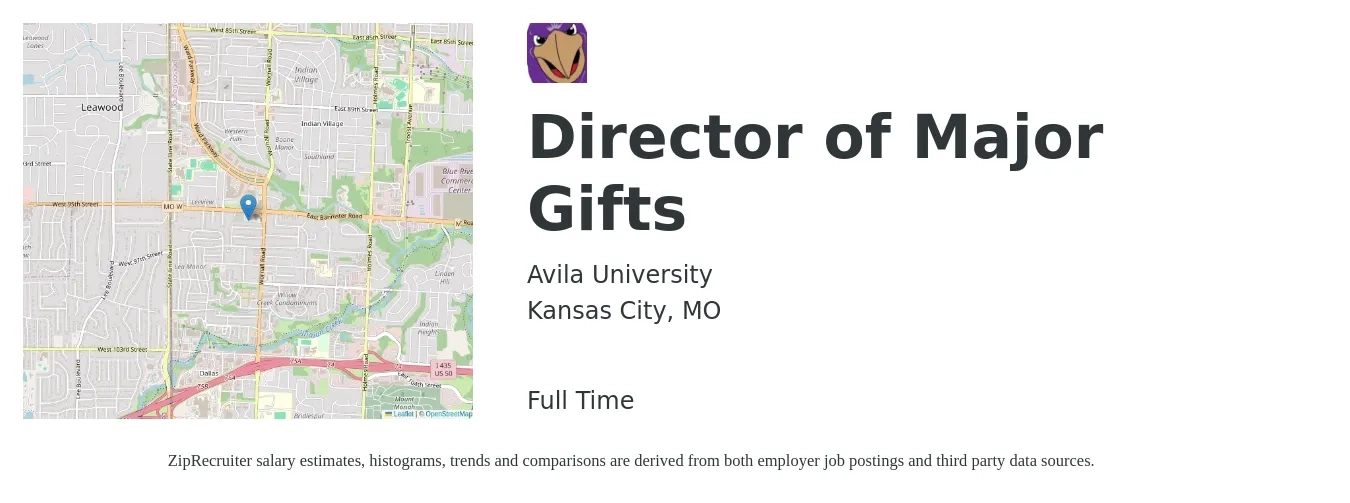 Avila University job posting for a Director of Major Gifts in Kansas City, MO with a salary of $71,500 to $117,500 Yearly with a map of Kansas City location.