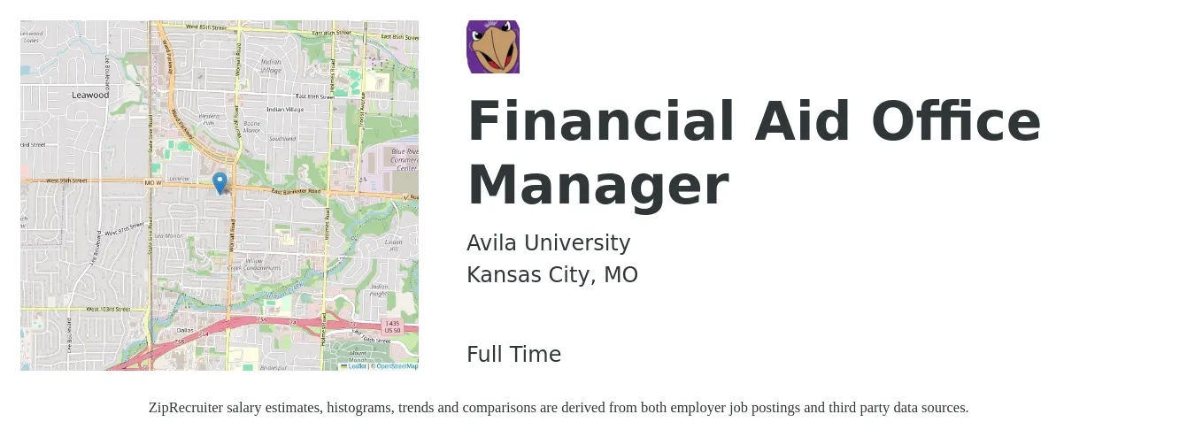 Avila University job posting for a Financial Aid Office Manager in Kansas City, MO with a salary of $37,200 to $54,800 Yearly with a map of Kansas City location.