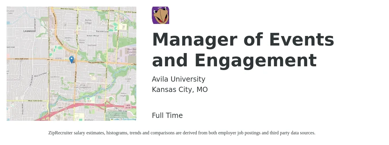 Avila University job posting for a Manager of Events and Engagement in Kansas City, MO with a salary of $50,200 to $87,300 Yearly with a map of Kansas City location.