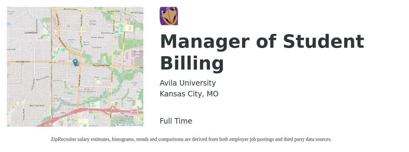 Avila University job posting for a Manager of Student Billing in Kansas City, MO with a salary of $56,200 to $79,000 Yearly with a map of Kansas City location.