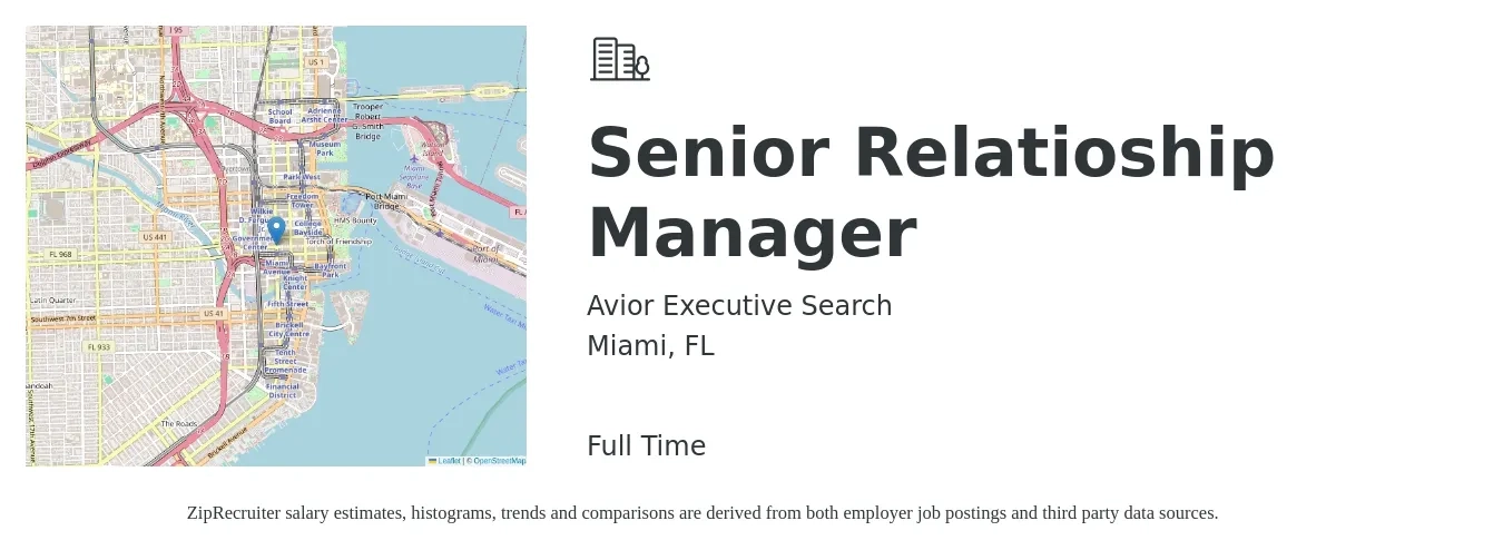 Avior Executive Search job posting for a Senior Relatioship Manager in Miami, FL with a salary of $79,400 to $111,400 Yearly with a map of Miami location.