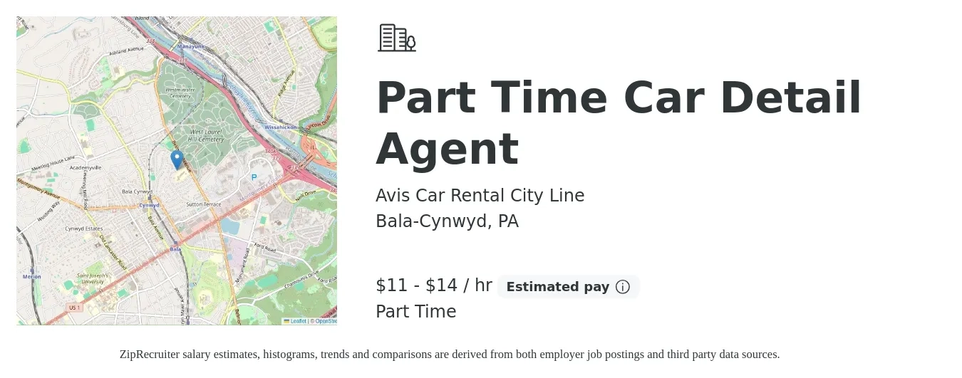 Avis Car Rental City Line job posting for a Part Time Car Detail Agent in Bala-Cynwyd, PA with a salary of $12 to $15 Hourly with a map of Bala-Cynwyd location.