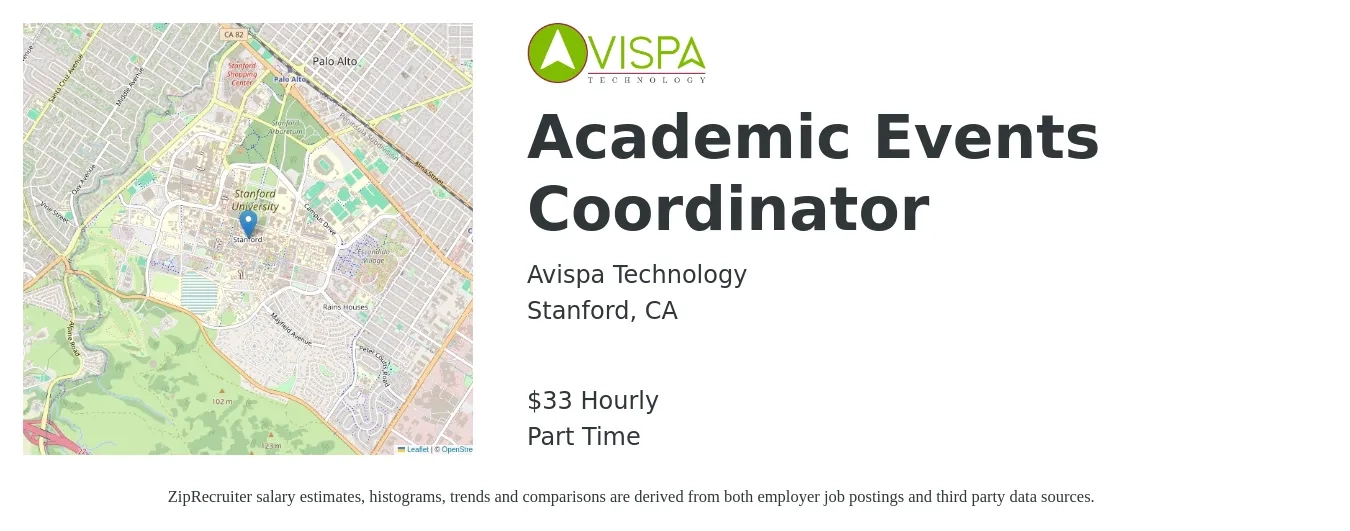 Avispa Technology job posting for a Academic Events Coordinator in Stanford, CA with a salary of $35 Hourly with a map of Stanford location.