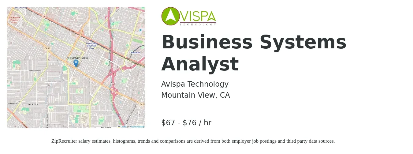 Avispa Technology job posting for a Business Systems Analyst in Mountain View, CA with a salary of $50 to $90 Hourly with a map of Mountain View location.