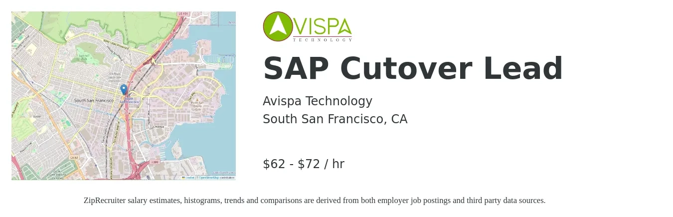 Avispa Technology job posting for a SAP Cutover Lead in South San Francisco, CA with a salary of $65 to $75 Hourly with a map of South San Francisco location.