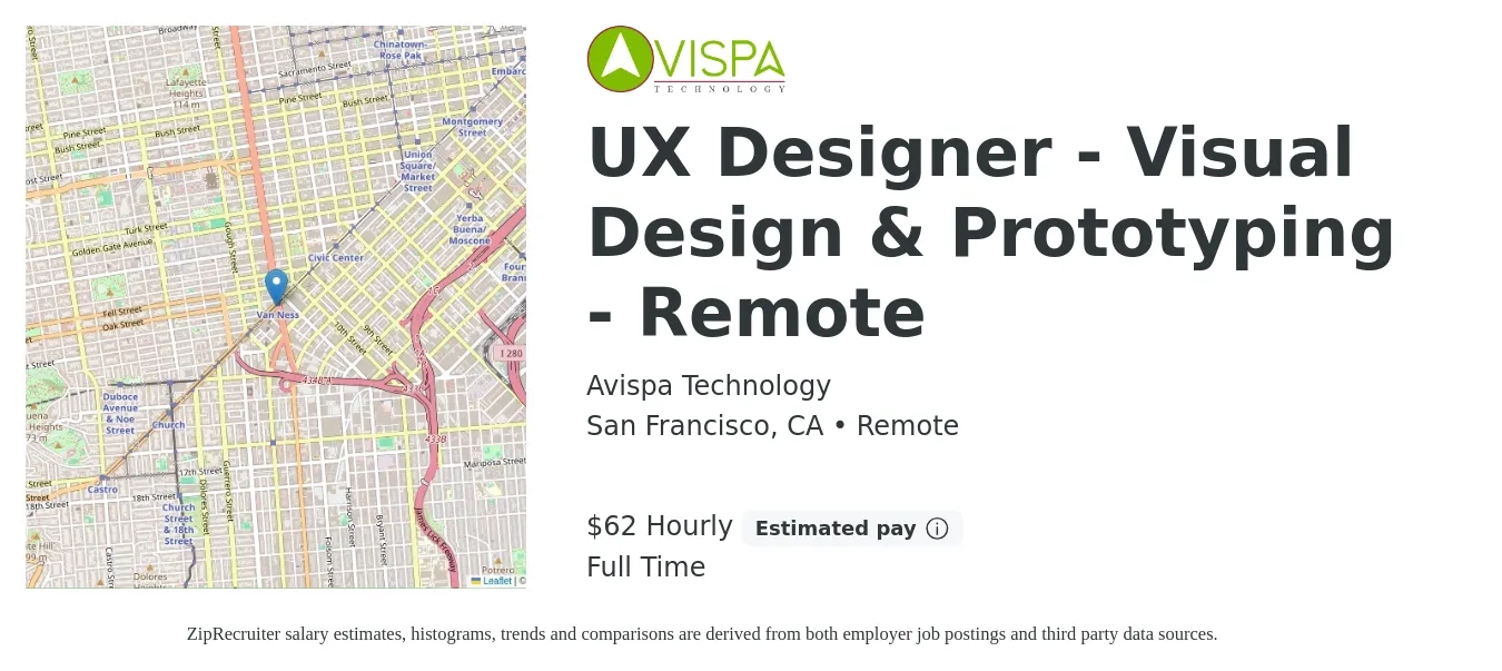Avispa Technology job posting for a UX Designer - Visual Design & Prototyping - Remote in San Francisco, CA with a salary of $65 Hourly with a map of San Francisco location.