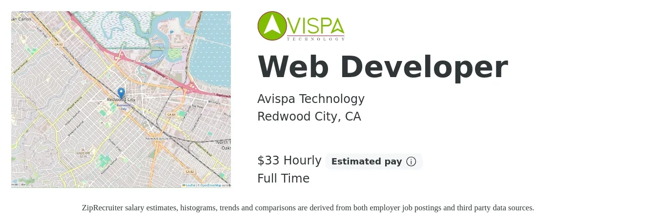 Avispa Technology job posting for a Web Developer in Redwood City, CA with a salary of $35 Hourly with a map of Redwood City location.
