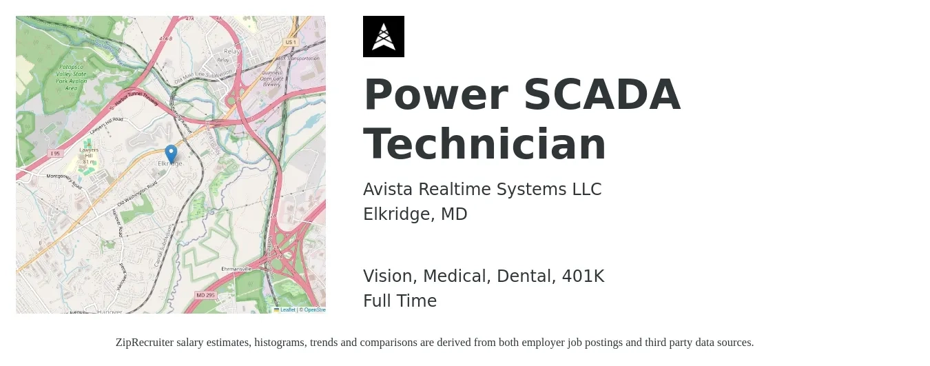 Avista Realtime Systems LLC job posting for a Power SCADA Technician in Elkridge, MD with a salary of $28 to $44 Hourly and benefits including medical, vision, 401k, and dental with a map of Elkridge location.