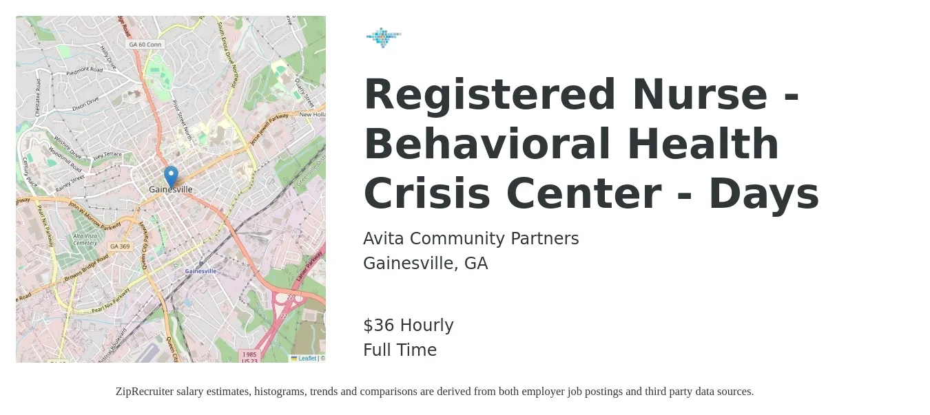 Avita Community Partners job posting for a Registered Nurse - Behavioral Health Crisis Center - Days in Gainesville, GA with a salary of $38 Hourly with a map of Gainesville location.