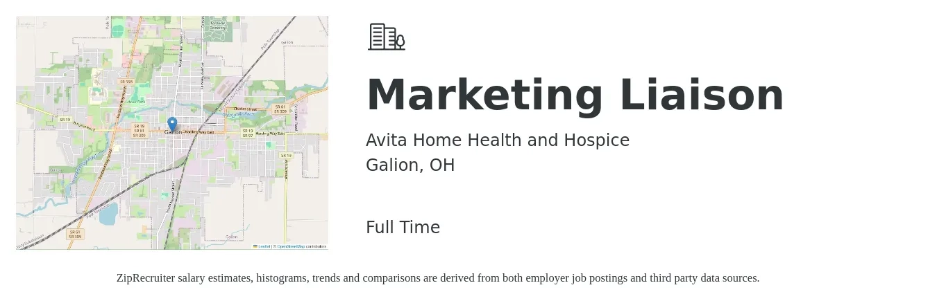 Avita Home Health and Hospice job posting for a Marketing Liaison in Galion, OH with a salary of $39,900 to $61,800 Yearly with a map of Galion location.