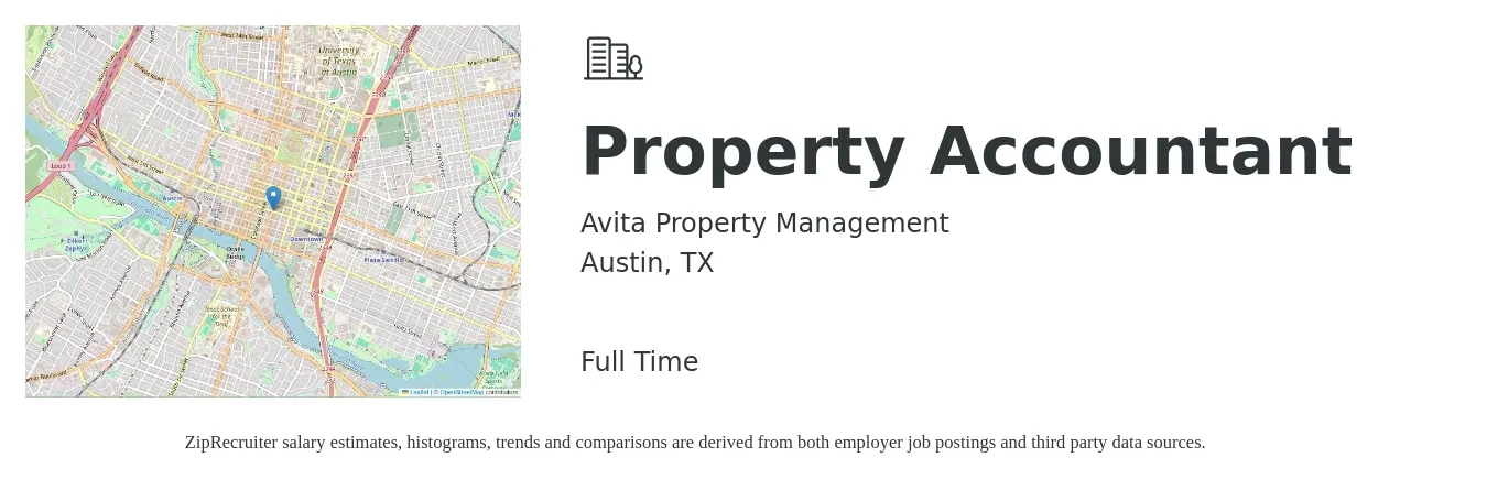 Avita Property Management job posting for a Property Accountant in Austin, TX with a salary of $61,000 to $79,800 Yearly with a map of Austin location.