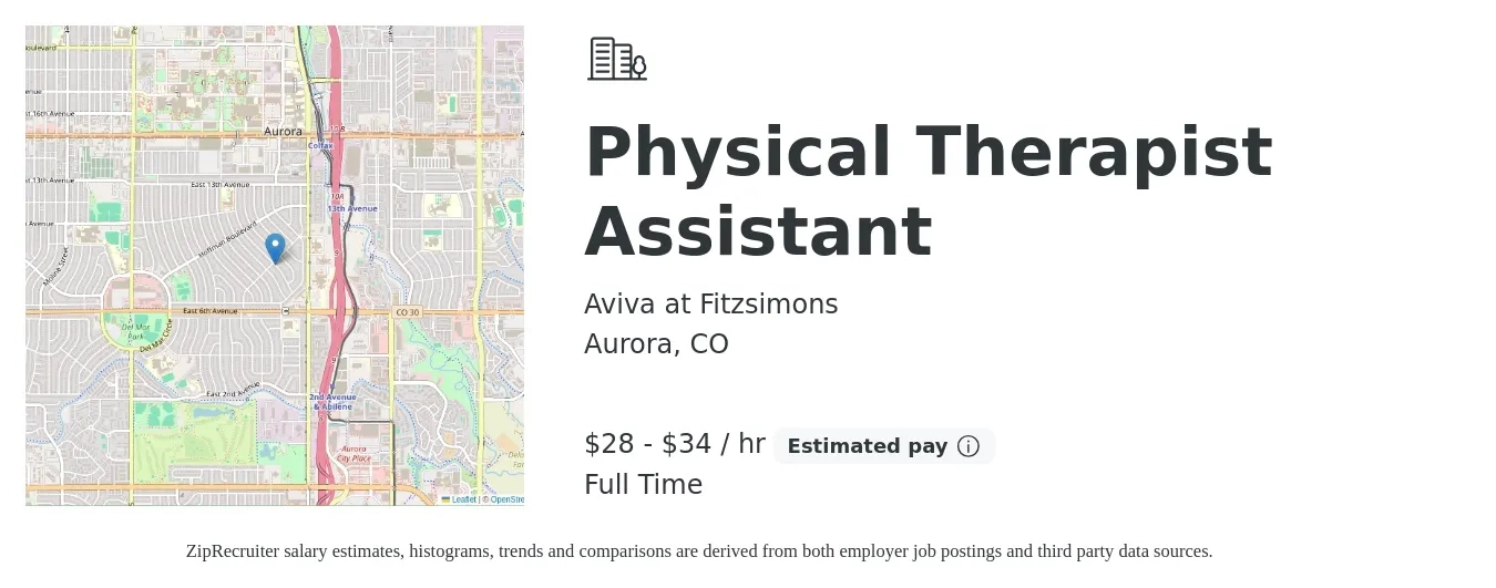 Aviva at Fitzsimons job posting for a Physical Therapist Assistant in Aurora, CO with a salary of $30 to $36 Hourly with a map of Aurora location.