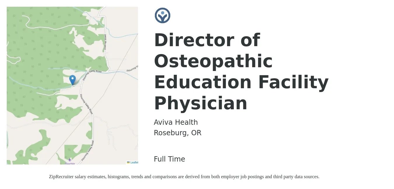 Aviva Health job posting for a Director of Osteopathic Education Facility Physician in Roseburg, OR with a salary of $225,708 to $268,919 Yearly with a map of Roseburg location.