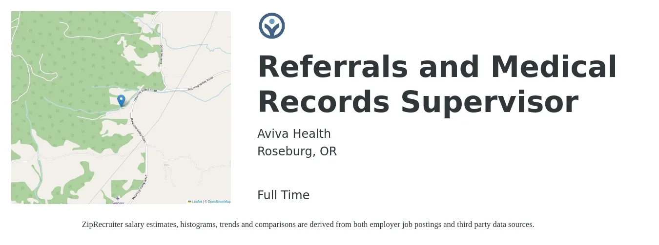 Aviva Health job posting for a Referrals and Medical Records Supervisor in Roseburg, OR with a salary of $21 to $26 Hourly with a map of Roseburg location.