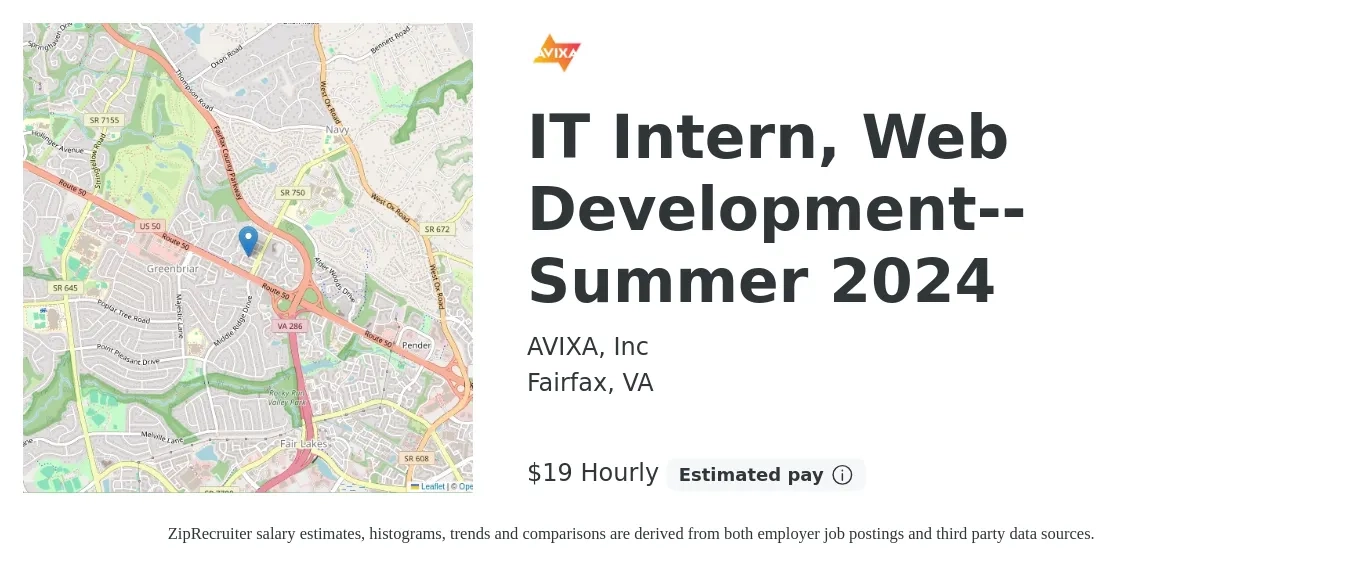 AVIXA job posting for a IT Intern, Web Development Summer 2024 in Fairfax, VA with a salary of $20 Hourly with a map of Fairfax location.