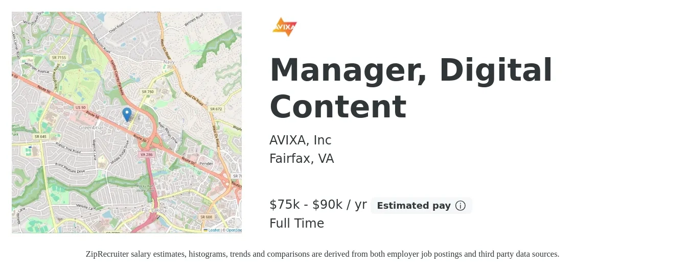 AVIXA, Inc job posting for a Manager, Digital Content in Fairfax, VA with a salary of $75,000 to $90,000 Yearly with a map of Fairfax location.
