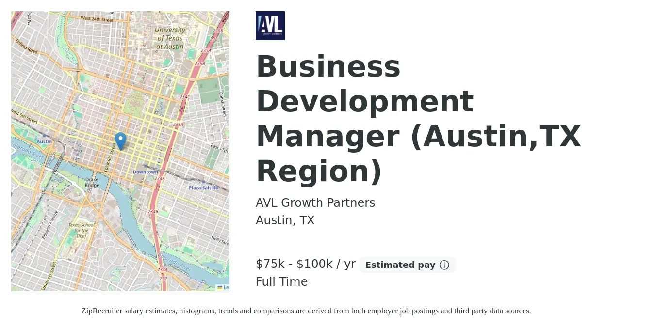 AVL Growth Partners job posting for a Business Development Manager (Austin,TX Region) in Austin, TX with a salary of $75,000 to $100,000 Yearly with a map of Austin location.