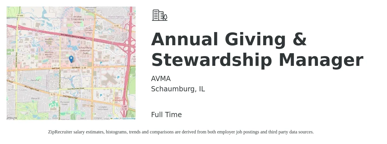AVMA job posting for a Annual Giving & Stewardship Manager in Schaumburg, IL with a salary of $59,700 to $78,000 Yearly with a map of Schaumburg location.