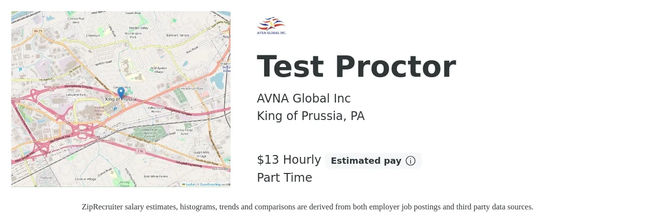 AVNA Global Inc job posting for a Test Proctor in King of Prussia, PA with a salary of $14 Hourly and benefits including retirement with a map of King of Prussia location.