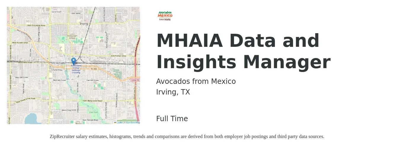 Avocados from Mexico job posting for a MHAIA Data and Insights Manager in Irving, TX with a salary of $61,300 to $116,500 Yearly with a map of Irving location.