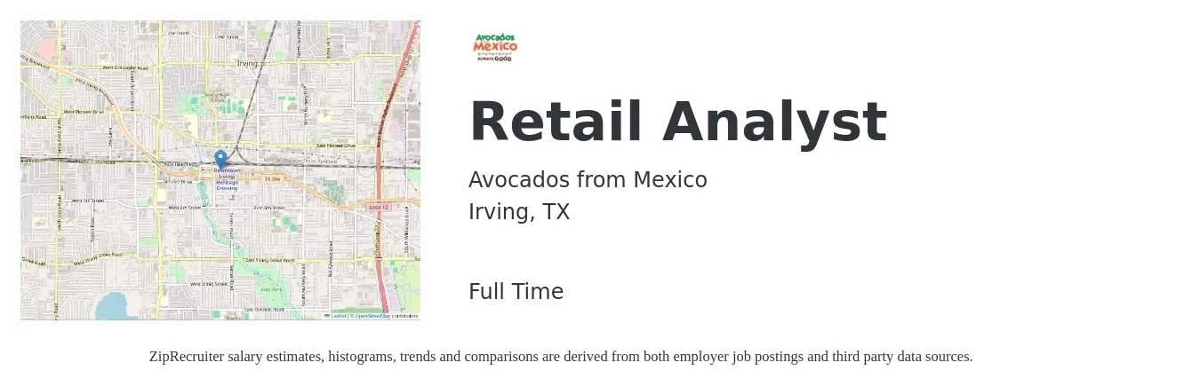 Avocados from Mexico job posting for a Retail Analyst in Irving, TX with a salary of $55,700 to $72,900 Yearly with a map of Irving location.