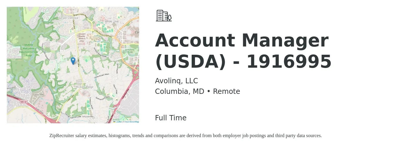 Avolinq, LLC job posting for a Account Manager (USDA) - 1916995 in Columbia, MD with a salary of $47,600 to $77,900 Yearly with a map of Columbia location.