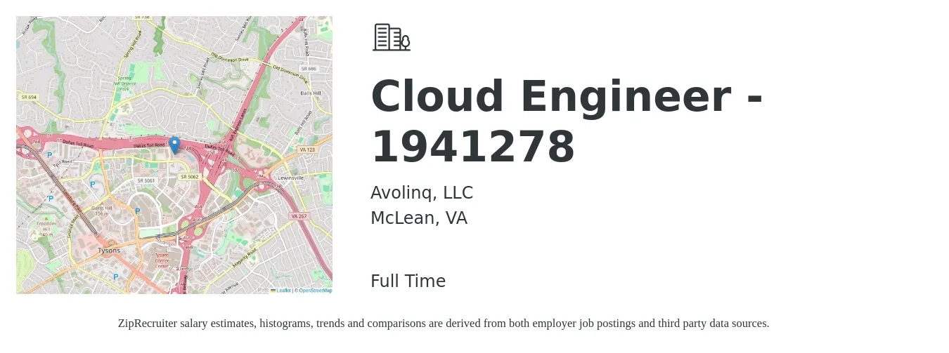 Avolinq, LLC job posting for a Cloud Engineer - 1941278 in McLean, VA with a salary of $56 to $75 Hourly with a map of McLean location.