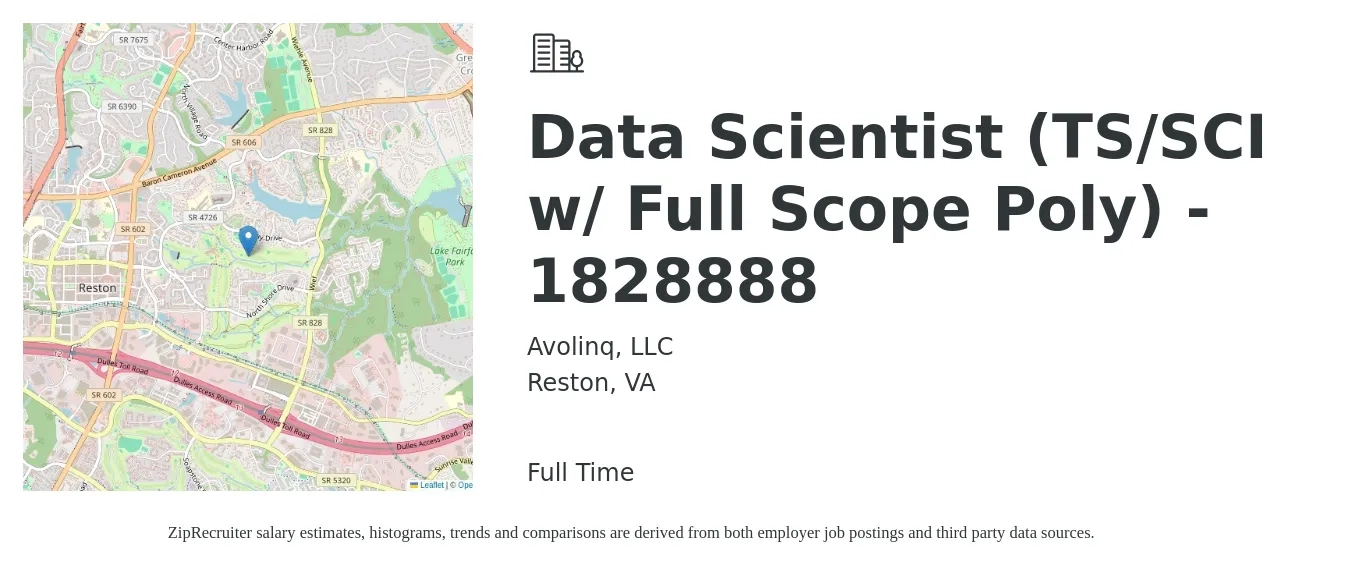 Avolinq, LLC job posting for a Data Scientist (TS/SCI w/ Full Scope Poly) - 1828888 in Reston, VA with a salary of $102,500 to $141,500 Yearly with a map of Reston location.