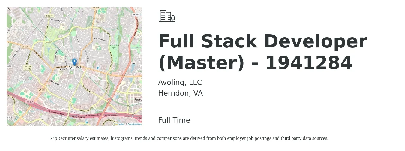 Avolinq, LLC job posting for a Full Stack Developer (Master) - 1941284 in Herndon, VA with a salary of $53 to $73 Hourly with a map of Herndon location.