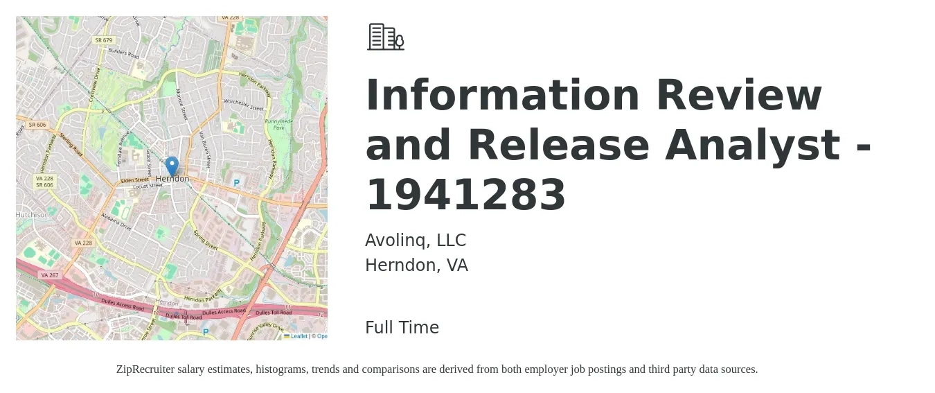 Avolinq, LLC job posting for a Information Review and Release Analyst - 1941283 in Herndon, VA with a salary of $17 to $22 Hourly with a map of Herndon location.