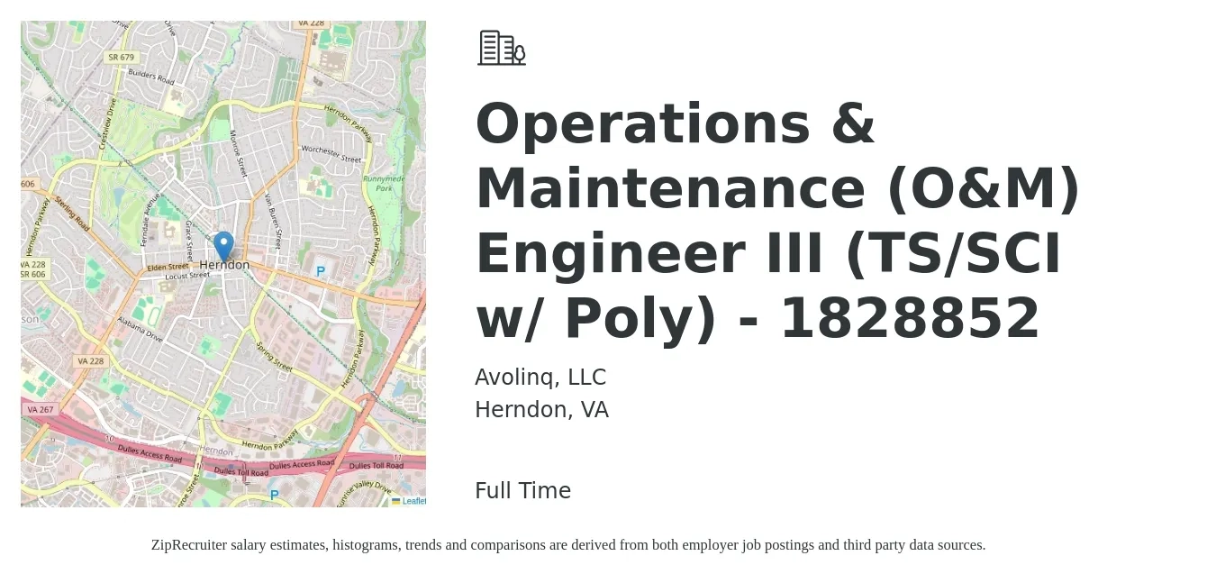 Avolinq, LLC job posting for a Operations & Maintenance (O&M) Engineer III (TS/SCI w/ Poly) - 1828852 in Herndon, VA with a salary of $107,500 to $151,700 Yearly with a map of Herndon location.
