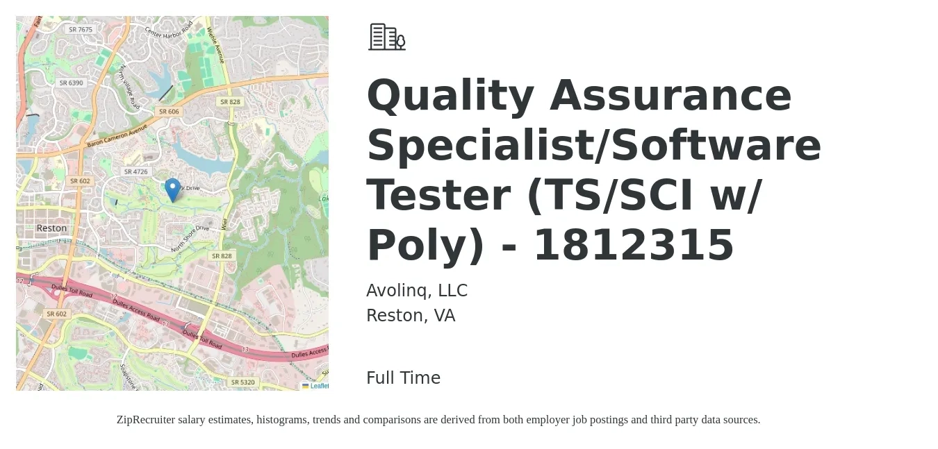 Avolinq, LLC job posting for a Quality Assurance Specialist/Software Tester (TS/SCI w/ Poly) - 1812315 in Reston, VA with a salary of $30 to $53 Hourly with a map of Reston location.
