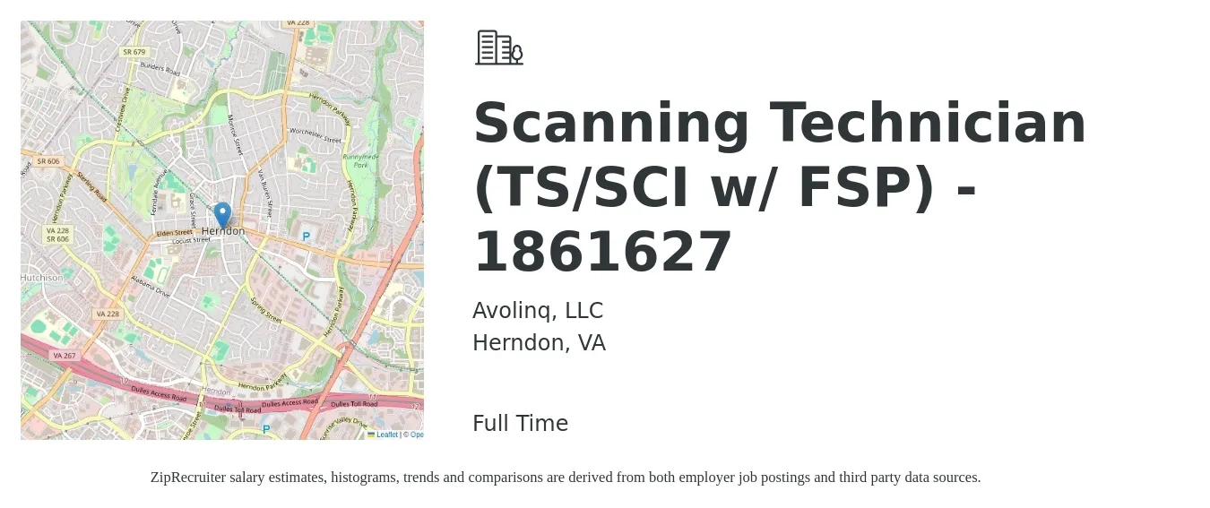Avolinq, LLC job posting for a Scanning Technician (TS/SCI w/ FSP) - 1861627 in Herndon, VA with a salary of $18 to $27 Hourly with a map of Herndon location.