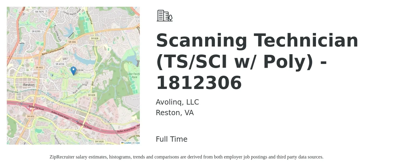 Avolinq, LLC job posting for a Scanning Technician (TS/SCI w/ Poly) - 1812306 in Reston, VA with a salary of $48,400 to $55,100 Yearly with a map of Reston location.