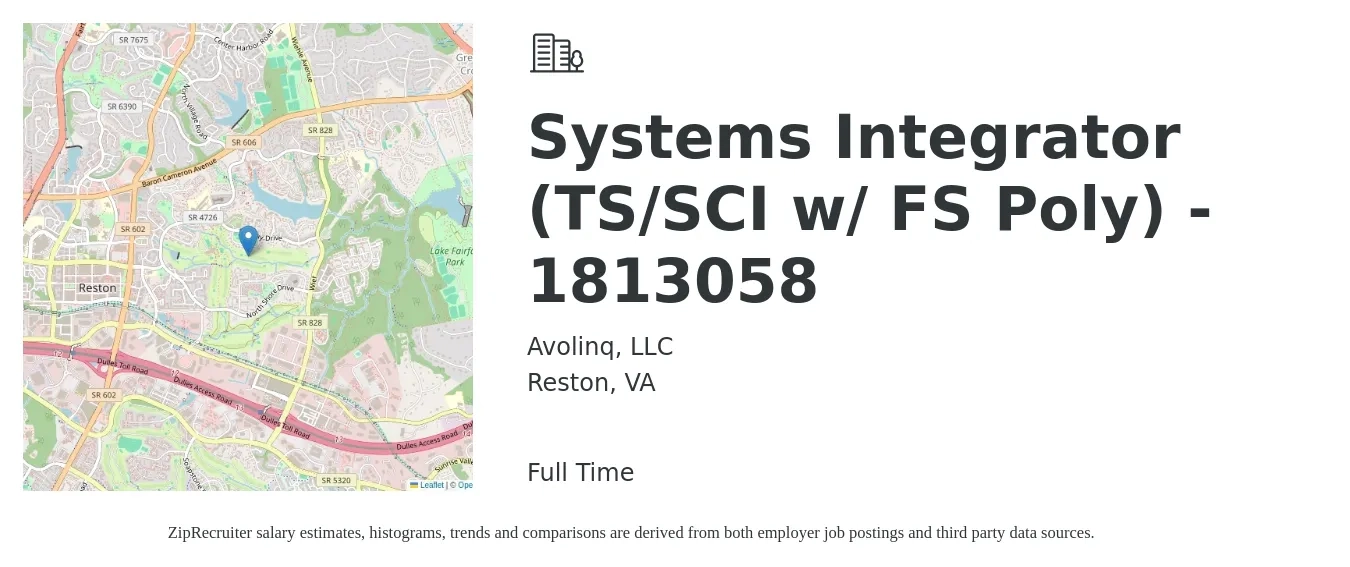 Avolinq, LLC job posting for a Systems Integrator (TS/SCI w/ FS Poly) - 1813058 in Reston, VA with a salary of $87,900 to $135,200 Yearly with a map of Reston location.