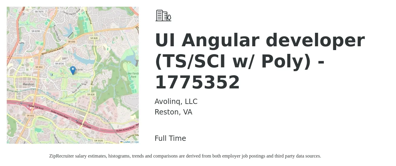 Avolinq, LLC job posting for a UI Angular developer (TS/SCI w/ Poly) - 1775352 in Reston, VA with a salary of $52 to $68 Hourly with a map of Reston location.
