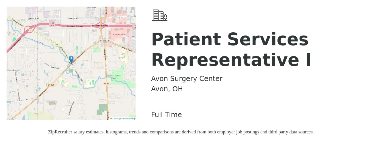 Avon Surgery Center job posting for a Patient Services Representative I in Avon, OH with a salary of $16 to $20 Hourly with a map of Avon location.