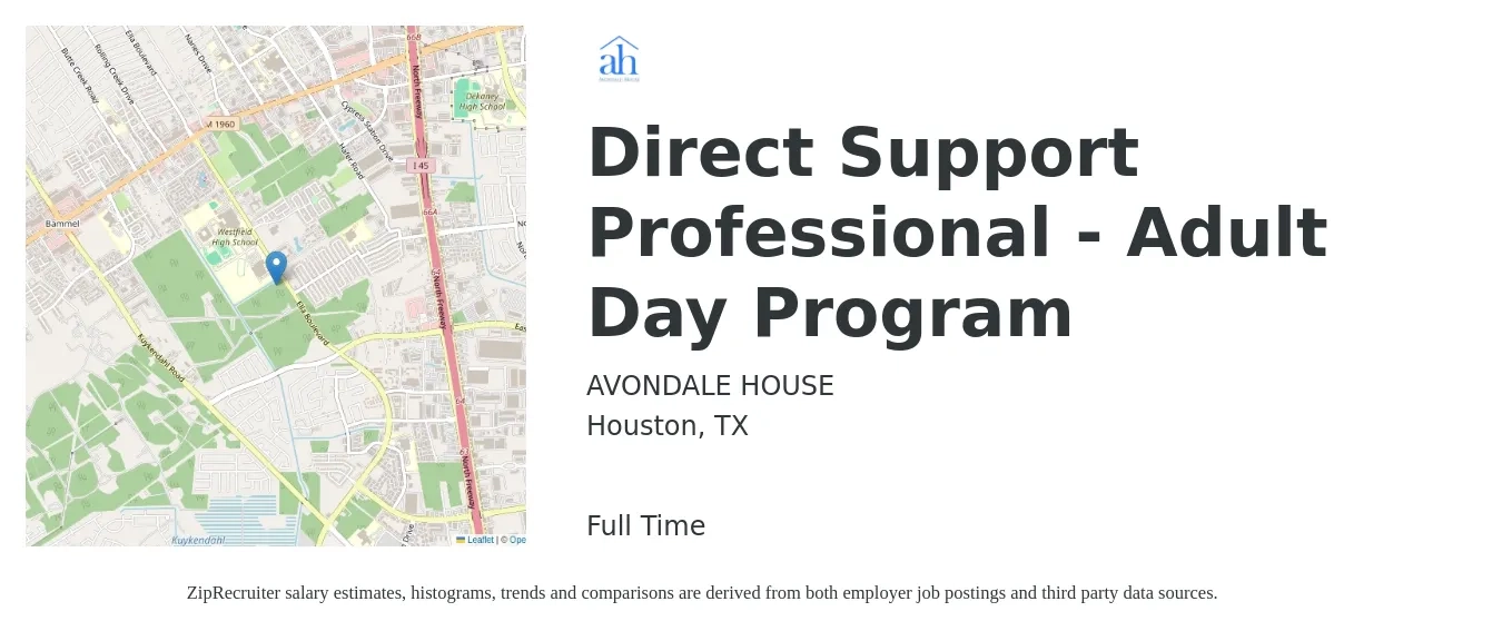 AVONDALE HOUSE job posting for a Direct Support Professional - Adult Day Program in Houston, TX with a salary of $13 to $13 Hourly with a map of Houston location.