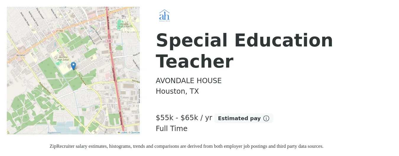 AVONDALE HOUSE job posting for a Special Education Teacher in Houston, TX with a salary of $55,000 to $65,000 Yearly with a map of Houston location.